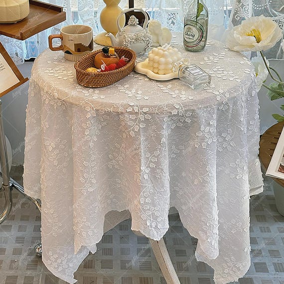 花柄刺繍テーブルクロス、ホワイトコットンレーステーブルクロス