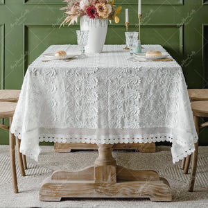White Embroidered tablecloth, Elgent Leafs Pattern Table Cover, Cotton Rectangle Dust Cover, Customized size