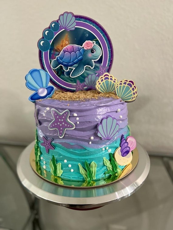 Décoration De Gâteau D'anniversaire Motif Tortue De Mer, Bleu Et
