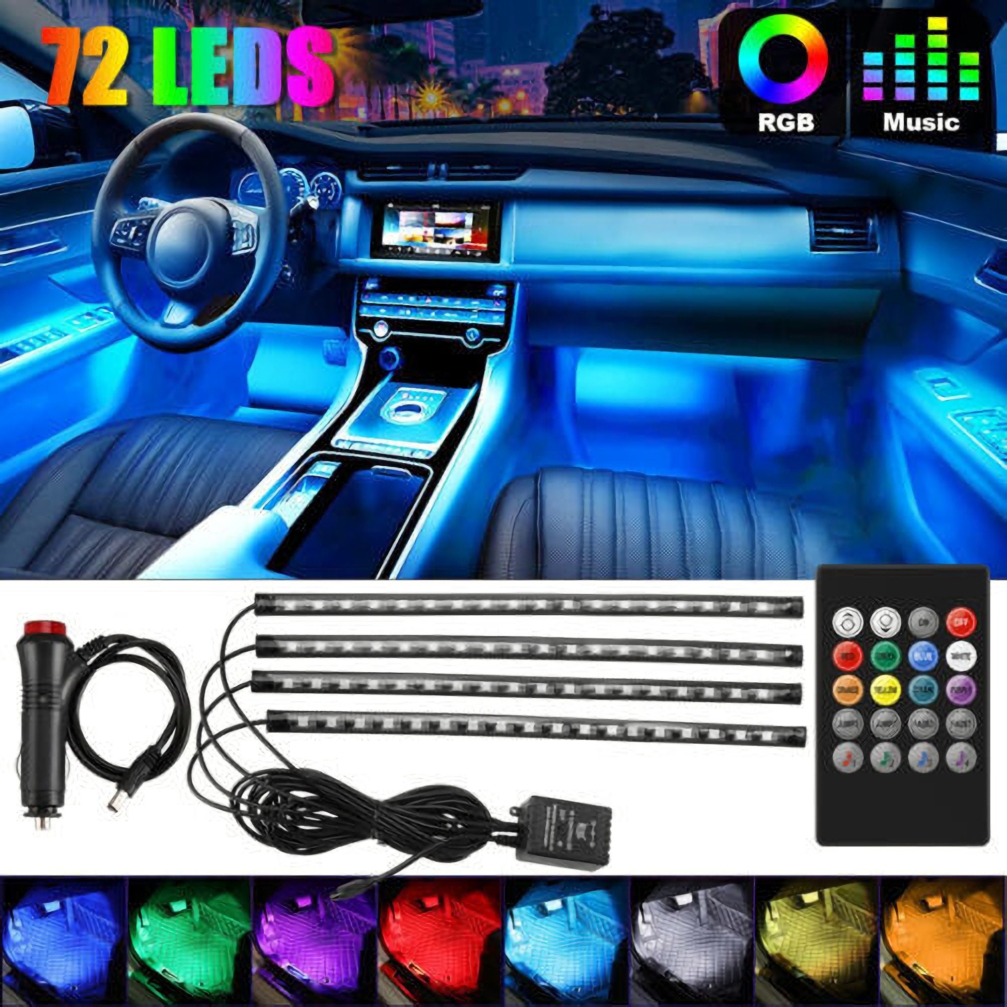 Car Interior LED Light Strip, 4PCS 48LED RGB Car Interior Atmosphere Neon Lights  Strip Music Sound-Reactive LED Multi-Color Car Interior Lights, 