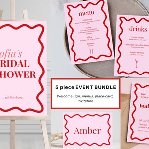 Event Bundle Pink Red Wavy Editable Template Instant Download, Welcome Sign Menu Placecard Invitation, Bridal Shower Hens Bachelorette Canva
