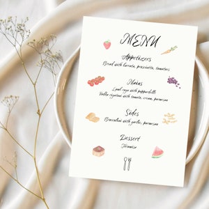 Menú Plantilla editable Descarga instantánea, Estilo manuscrito en acuarela, Estilo italiano mínimo, Despedida de soltera Gallinas Despedida de soltera Canva de boda