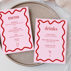Menü Rosa und Rot gewellt bearbeitbare Vorlage Sofort-Download, Hand gezeichnet Wriggly Bunt Hen's Geburtstag Hochzeit Brautparty Bachelorette Canva