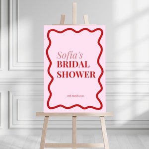 Welcome Sign Pink Red Wavy Editable Template Instant Download, Event Signage, Hand Drawn Wriggly, Wedding Hens Bridal Bachelorette, Canva