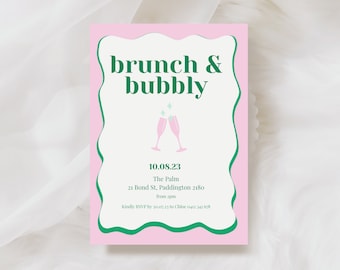 Invitation Pink Green Wavy Editable Template Instant Download, Colourful Hand Drawn Wriggly, Modern, Trendy, Bridal Shower Birthday, Canva