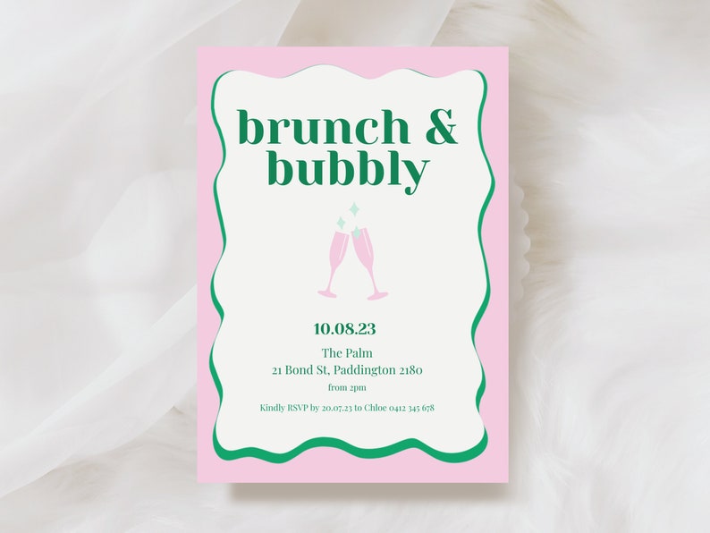 Invitation Pink Green Wavy Editable Template Instant Download, Colourful Hand Drawn Wriggly, Modern, Trendy, Bridal Shower Birthday, Canva image 1