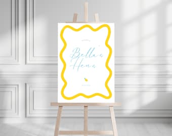 Welcome Sign Yellow Wavy Border Editable Template Instant Download, Event Signage, Wriggly European Italian Wedding Bridal Hens Bachelorette