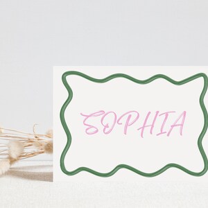 Placecard golvende handgeschilderde rand bewerkbare sjabloon Instant Download, roze groen kronkelig, modern, trendy, bruids douche bachelorette, Canva