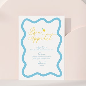 Menú Azul Amarillo Limón Ondulado, Plantilla Editable Descarga Instantánea, Colorido Wriggly, Estilo Europeo, Despedida de Soltera Nupcial, Canva