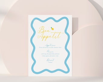 Menu Blue Yellow Lemon Wavy, Editable Template Instant Download, Colourful Wriggly, European Style, Wedding Bridal Bachelorette, Canva