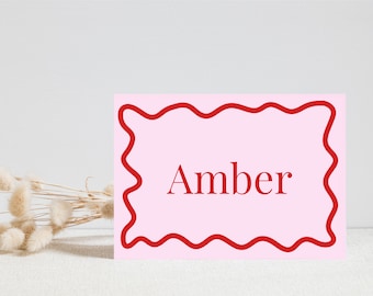 Place Card Pink Red Wavy Editable Template Instant Download Hand Drawn Wriggly, Birthday Hens Bachelorette Bridal Shower Wedding Canva