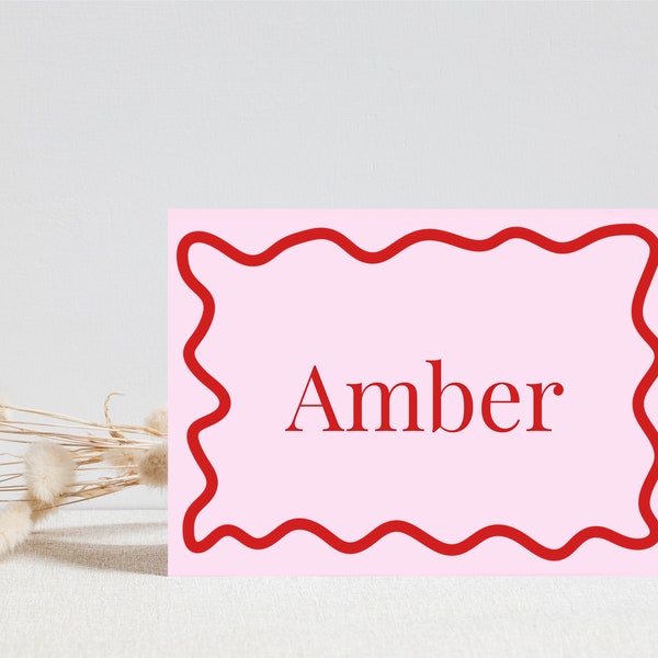 Place Card Pink Red Wavy Editable Template Instant Download Hand Drawn Wriggly, Birthday Hens Bachelorette Bridal Shower Wedding Canva