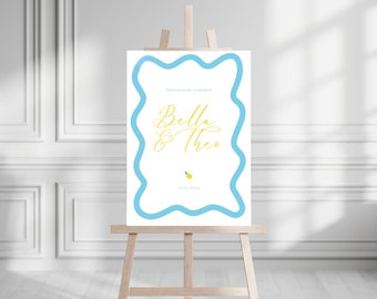 Welcome Sign Blue Yellow Wavy Border Editable Template Instant Download, European Style, Wriggly, Modern, Wedding Bridal Bachelorette, Canva