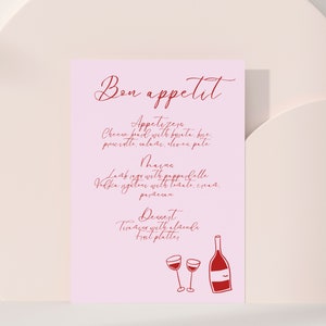 Menú Rosa Vino Tinto Dibujo Plantilla Editable Descarga Instantánea, Colorido, Dibujado a mano, Mínimo Francés Novias Despedida de Soltera, Canva