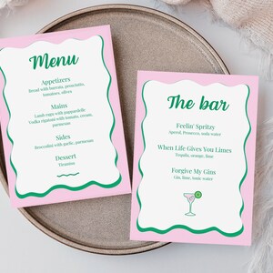 Menú Rosa Verde Ondulado Plantilla Editable Descarga Instantánea, Colorido Dibujado a Mano Retorcido, Moderno, De Moda, Despedida de Soltera, Boda, Bebidas, Canva