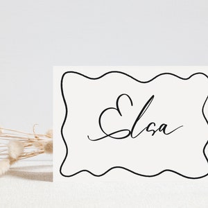 Placecard ondulado mão desenhada borda modelo editável download instantâneo, preto mínimo wriggly moderno clássico nupcial casamento despedida de solteira, Canva