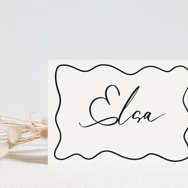 Placecard Wavy Hand Drawn Border Editable Template Instant Download, Black Minimal Wriggly Modern Classic Bridal Wedding Bachelorette, Canva