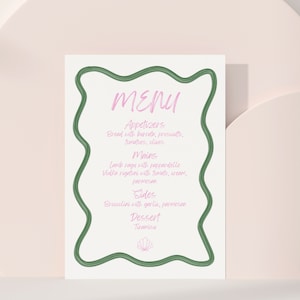 Menú ondulado pintado a mano borde editable plantilla descarga instantánea, colorido rosa verde retorcido, moderno, de moda, despedida de soltera nupcial, Canva
