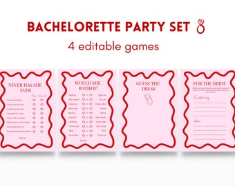 Bachelorette Hens Party Game Set Pink Red Wavy Editable Template Instant Download, Bridal Quiz Print, Ideas Bundle Fun Modern, Canva