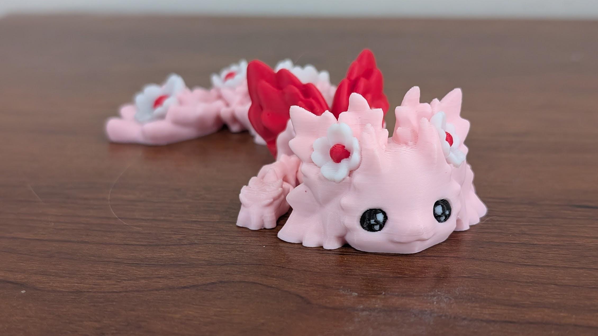Kosha Flower Axolotl Dragon with wings - Articulated Flexi 3D Print by Layers In Green - Kawaii Cute fantasy creature gift w/ custom colors.