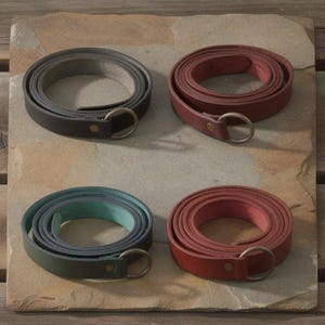 Op de afbeelding: Vier opgerolde leren riemen in grijstinten, rood, groen en bordeaux. Elke riem heeft een metalen ringsluiting en een kleine messing klinknagel. De riemen worden gepresenteerd op een stenen oppervlak.