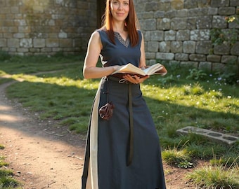 Abito medievale con lacci, senza maniche, blu-naturale, stile Juta, cotone | Abito con lacci, abito Ren Faire, LARP, rievocazione storica