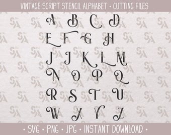 Vintage Script Cutting File Stencil Alphabet svg png jpg Elegant Font for Wall Art DIY Decor Furniture Painting Cricut Silhouette Glowforge