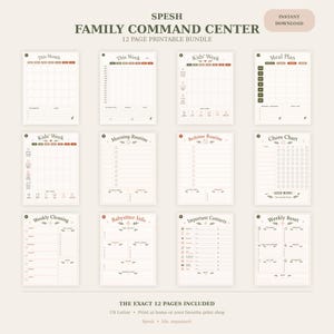 May include: A 12-page printable family command center bundle featuring various organizational templates including a monthly calendar, weekly planners, chore charts, routine trackers, and contact lists with a neutral color palette and text.