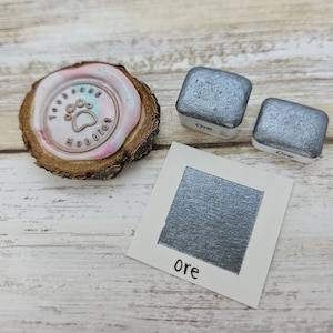Ore | Grey Handmade Watercolor Paint | Mica Metallic | Paw Sampler | 1ml Quarter Pan | 2ml Half Pan | Dot Card