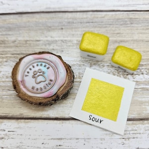 Pintura de acuarela hecha a mano de color amarillo ácido/mica metalizada/muestra de pata/cuarto de pastilla de 1 ml/media pastilla de 2 ml/tarjeta de puntos
