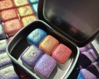 Sea Wonders Set | Handmade Watercolor Paint | Colourshift | 2ml Half Pan Set | 1ml Quarter Pan Set | Paw Card