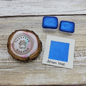Denim | Blue Handmade Watercolor Paint | Mica Metallic | Paw Sampler | 1ml Quarter Pan | 2ml Half Pan | Dot Card