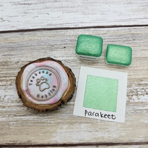 Parakeet | Green Handmade Watercolor Paint | Mica Metallic | Paw Sampler | 1ml Quarter Pan | 2ml Half Pan | Dot Card