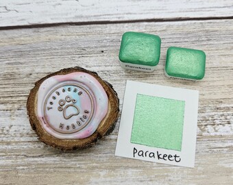 Parakeet | Green Handmade Watercolor Paint | Mica Metallic | Paw Sampler | 1ml Quarter Pan | 2ml Half Pan | Dot Card