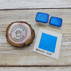 Pintura de acuarela azul pavo real/azul hecha a mano/mica metalizada/muestra de pata/cuarto de pastilla de 1 ml/media pastilla de 2 ml/tarjeta de puntos