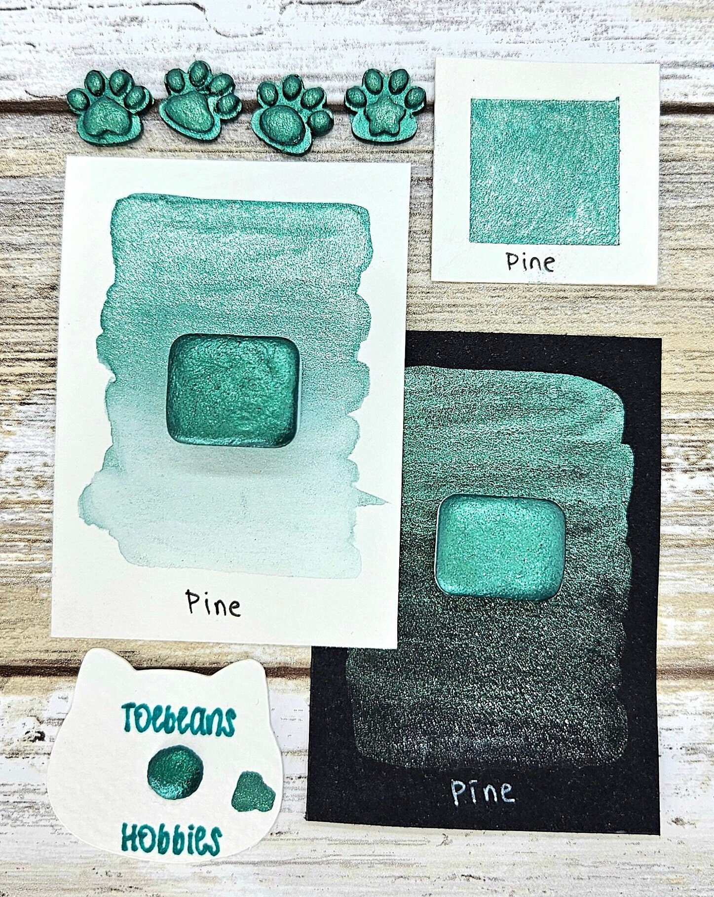 Pine | Green Handmade Watercolor Paint | Mica Metallic | Paw Sampler | 1ml Quarter Pan | 2ml Half Pan | Dot Card