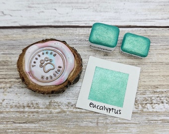 Eucalyptus | Green Handmade Watercolor Paint | Mica Metallic | Paw Sampler | 1ml Quarter Pan | 2ml Half Pan | Dot Card