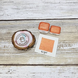 Pintura de acuarela hecha a mano de color tigre y naranja, mica metalizada, muestra de pata, pastilla de un cuarto de 1 ml, pastilla de media 2 ml, tarjeta de puntos