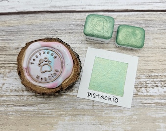 Pistachio | Green Handmade Watercolor Paint | Mica Metallic | Paw Sampler | 1ml Quarter Pan | 2ml Half Pan | Dot Card
