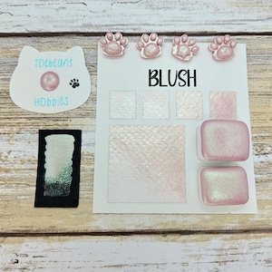 Pode incluir: Um cartão branco com o texto "BLUSH" e quatro pequenos adesivos de pegadas de patas cor-de-rosa. O cartão tem três quadrados brancos com uma amostra de tinta rosa brilhante em cada quadrado. Há um quadrado maior com uma amostra de tinta rosa brilhante. Dois pequenos recipientes quadrados de tinta rosa brilhante estão abaixo do quadrado maior. Um cartão branco com o texto "toebeans hobbies" está no canto superior esquerdo da imagem.
