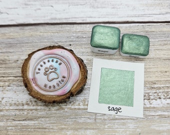 Sage | Green Handmade Watercolor Paint | Mica Metallic | Paw Sampler | 1ml Quarter Pan | 2ml Half Pan | Dot Card
