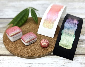 Strawberry | Handmade Watercolor Paint | Colourshift | Paw Sampler | 1ml Quarter Pan | 2ml Half Pan | Dot Card