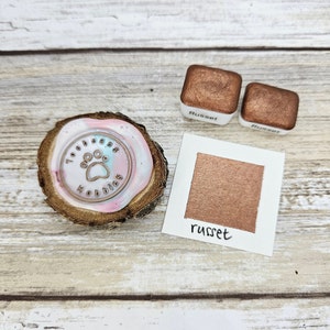 Pintura de acuarela hecha a mano en color marrón rojizo/mica metalizada/muestra de pata/cuarto de pastilla de 1 ml/media pastilla de 2 ml/tarjeta de puntos