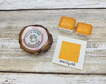 Merigold | Orange Handmade Watercolor Paint | Mica Metallic | Paw Sampler | 1ml Quarter Pan | 2ml Half Pan | Dot Card