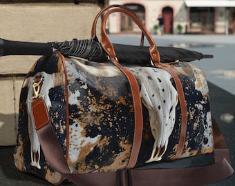 Western Cowprint And Skull Western Cowgirl Travel Bag | cowhide print duffel bag | boho cowboy tote | girls overnight bag