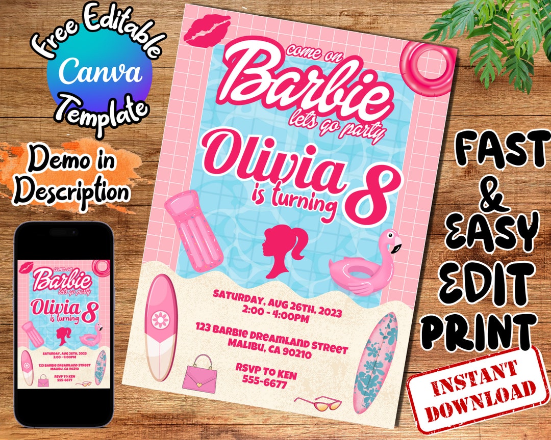 Editable Barbi Birthday Party Invitation Barbi Pool Party Etsy