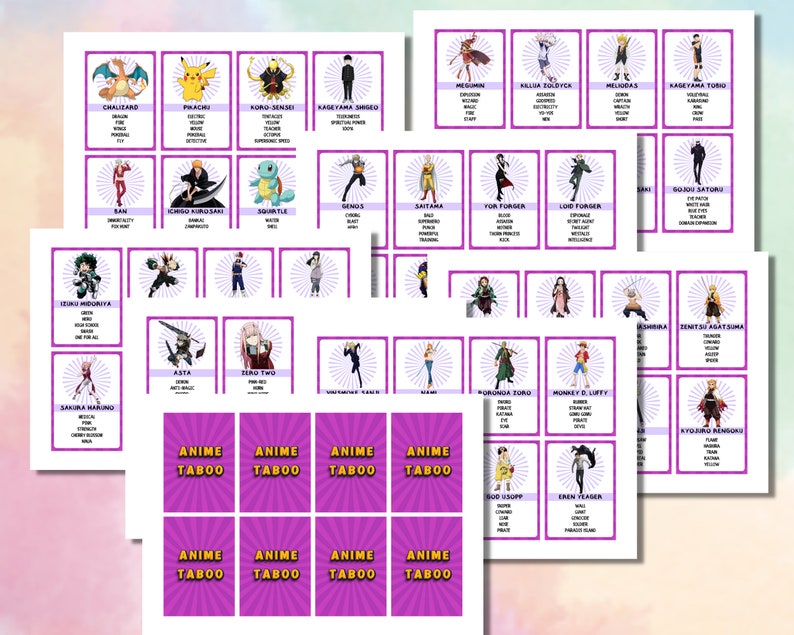 Printable Anime Taboo Game for Kids Anime Taboo Game Cards - Etsy Canada
