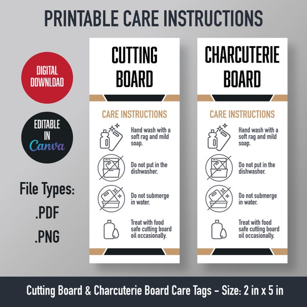 Printable Cutting Board & Charcuterie Board Care Tags - Digital Download