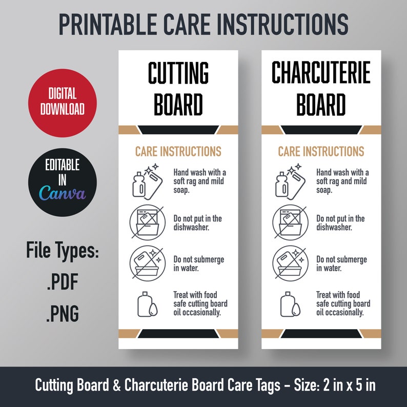 Printable Cutting Board & Charcuterie Board Care Tags Digital Download
