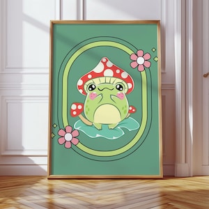 Kawaii Art Print, Whimsical Wall Art, Cute Frog Mushroom Poster, Adorable Cottagecore Illustrations, Downloadable Art Print